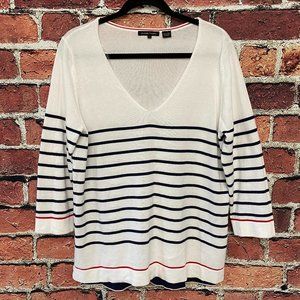 Jeanne Pierre Women's Light Sweater Size Large L V-Neck Striped White 3/4 Sleeve